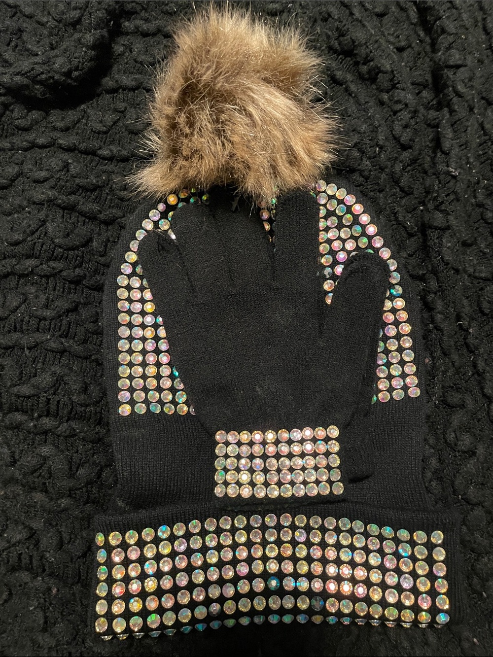 Black Rhinestone Pom-Pom Beanie with Matching Glove Set new